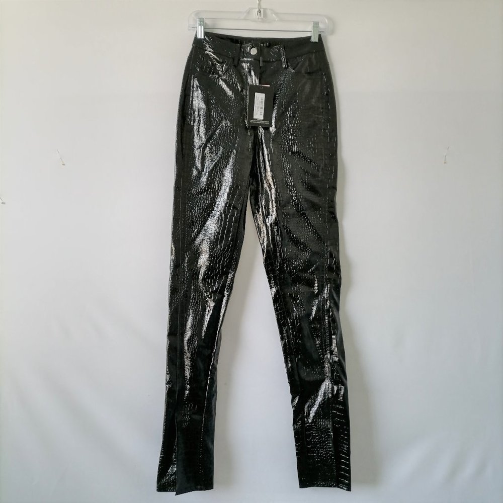 Pretty Little Thing Womens High Rise Tall Black Crocodile PU Trouser Pant Size 2